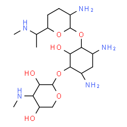 ChemSpider 2D Image | 4,6-Diamino-3-({3-amino-6-[1-(methylamino)ethyl]tetrahydro-2H-pyran-2-yl}oxy)-2-hydroxycyclohexyl 3-deoxy-3-(methylamino)pentopyranoside | C20H41N5O7