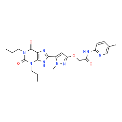 ChemSpider 2D Image | 2-{[5-(2,6-Dioxo-1,3-dipropyl-2,3,6,7-tetrahydro-1H-purin-8-yl)-1-methyl-1H-pyrazol-3-yl]oxy}-N-(5-methyl-2-pyridinyl)acetamide | C23H28N8O4
