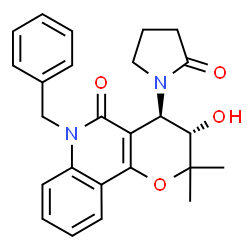 ChemSpider 2D Image | (3S,4R)-6-Benzyl-3-hydroxy-2,2-dimethyl-4-(2-oxo-1-pyrrolidinyl)-2,3,4,6-tetrahydro-5H-pyrano[3,2-c]quinolin-5-one | C25H26N2O4