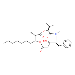ChemSpider 2D Image | (2S,5S,6S,10R,11S)-5-Benzyl-10-heptyl-6-hydroxy-2-isopropyl-4,11-dimethyl-1,9-dioxa-4-azacyclododecane-3,8,12-trione | C28H43NO6