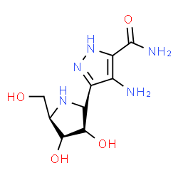ChemSpider 2D Image | 4-Amino-3-[(2R,5R)-3,4-dihydroxy-5-(hydroxymethyl)-2-pyrrolidinyl]-1H-pyrazole-5-carboxamide | C9H15N5O4