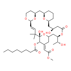 ChemSpider 2D Image | (1R,3S,7S,8E,11S,12S,13E,17R,21S,23S)-11,21-Dihydroxy-17-[(1R)-1-hydroxyethyl]-13-(2-methoxy-2-oxoethylidene)-10,10-dimethyl-19-oxo-6,18,27,28,29-pentaoxatetracyclo[21.3.1.1~3,7~.1~11,15~]nonacos-8-en
-12-yl octanoate | C39H62O13