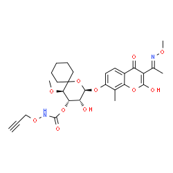 ChemSpider 2D Image | (2R,3R,4S,5R)-3-Hydroxy-2-({2-hydroxy-3-[(1E)-N-methoxyethanimidoyl]-8-methyl-4-oxo-4H-chromen-7-yl}oxy)-5-methoxy-1-oxaspiro[5.5]undec-4-yl (2-propyn-1-yloxy)carbamate | C28H34N2O11