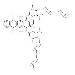 ChemSpider 2D Image | (1R,2R,4S)-2-Ethyl-2,5,12-trihydroxy-6,11-dioxo-4-{[2,3,6-trideoxy-3-(dimethylamino)-4-O-{5-[(5-hydroxy-6-methyltetrahydro-2H-pyran-2-yl)oxy]-6-methyltetrahydro-2H-pyran-2-yl}-alpha-L-lyxo-hexopyranos
yl]oxy}-1,2,3,4,6,11-hexahydro-1-tetracenyl 2,3,6-trideoxy-3-(dimethylamino)-4-O-{5-[(5-hydroxy-6-methyltetrahydro-2H-pyran-2-yl)oxy]-6-methyltetrahydro-2H-pyran-2-yl}-L-lyxo-hexopyranoside | C60H88N2O19