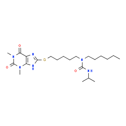 ChemSpider 2D Image | 1-{5-[(1,3-Dimethyl-2,6-dioxo-2,3,6,7-tetrahydro-1H-purin-8-yl)sulfanyl]pentyl}-1-hexyl-3-isopropylurea | C22H38N6O3S