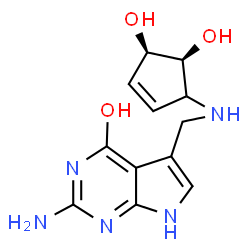 ChemSpider 2D Image | 2-Amino-5-({[(4R,5S)-4,5-dihydroxy-2-cyclopenten-1-yl]amino}methyl)-1,7-dihydro-4H-pyrrolo[2,3-d]pyrimidin-4-one | C12H15N5O3