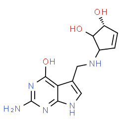 ChemSpider 2D Image | 2-Amino-5-({[(4R)-4,5-dihydroxy-2-cyclopenten-1-yl]amino}methyl)-1,7-dihydro-4H-pyrrolo[2,3-d]pyrimidin-4-one | C12H15N5O3