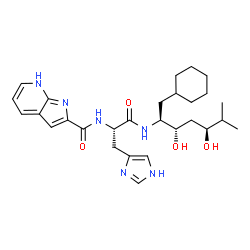 ChemSpider 2D Image | N-[(2S)-1-{[(2S,3S,5S)-1-Cyclohexyl-3,5-dihydroxy-6-methyl-2-heptanyl]amino}-3-(1H-imidazol-4-yl)-1-oxo-2-propanyl]-1H-pyrrolo[2,3-b]pyridine-2-carboxamide | C28H40N6O4