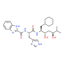 ChemSpider 2D Image | N-[(2S)-1-{[(2S,3S,5S)-1-Cyclohexyl-3,5-dihydroxy-6-methyl-2-heptanyl]amino}-3-(1H-imidazol-4-yl)-1-oxo-2-propanyl]-1H-benzimidazole-2-carboxamide | C28H40N6O4