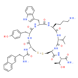 ChemSpider 2D Image | (4S,7R,10S,13R,16R,19R)-10-(4-Aminobutyl)-N-[(2S,3S)-1-amino-3-hydroxy-1-oxo-2-butanyl]-16-(4-hydroxybenzyl)-13-(1H-indol-3-ylmethyl)-7-isopropyl-19-{[3-(2-naphthyl)-D-alanyl]amino}-6,9,12,15,18-penta
oxo-1,2-dithia-5,8,11,14,17-pentaazacycloicosane-4-carboxamide | C54H69N11O10S2