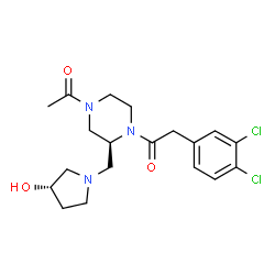 ChemSpider 2D Image | 1-[(2S)-4-Acetyl-2-{[(3S)-3-hydroxy-1-pyrrolidinyl]methyl}-1-piperazinyl]-2-(3,4-dichlorophenyl)ethanone | C19H25Cl2N3O3