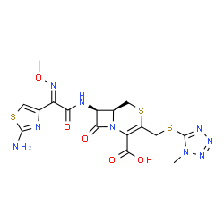 ChemSpider 2D Image | (6S,7S)-7-{[(2E)-2-(2-Amino-1,3-thiazol-4-yl)-2-(methoxyimino)acetyl]amino}-3-{[(1-methyl-1H-tetrazol-5-yl)sulfanyl]methyl}-8-oxo-4-thia-1-azabicyclo[4.2.0]oct-2-ene-2-carboxylic acid | C16H17N9O5S3