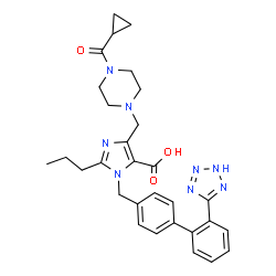ChemSpider 2D Image | 4-{[4-(Cyclopropylcarbonyl)-1-piperazinyl]methyl}-2-propyl-1-{[2'-(1H-tetrazol-5-yl)-4-biphenylyl]methyl}-1H-imidazole-5-carboxylic acid | C30H34N8O3