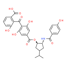 ChemSpider 2D Image | 2-{2,6-Dihydroxy-4-[({(1R,2R)-2-[(4-hydroxybenzoyl)amino]-4-isopropylcyclopentyl}oxy)carbonyl]benzoyl}-3-hydroxybenzoic acid | C30H29NO10