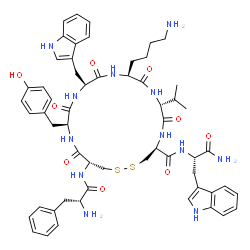 ChemSpider 2D Image | (4S,7R,10S,13S,16S,19R)-10-(4-Aminobutyl)-N-[(2S)-1-amino-3-(1H-indol-3-yl)-1-oxo-2-propanyl]-16-(4-hydroxybenzyl)-13-(1H-indol-3-ylmethyl)-7-isopropyl-6,9,12,15,18-pentaoxo-19-(D-phenylalanylamino)-1
,2-dithia-5,8,11,14,17-pentaazacycloicosane-4-carboxamide | C57H70N12O9S2