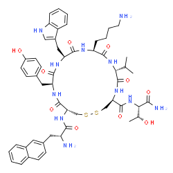 ChemSpider 2D Image | (4S,7R,10S,13S,16S,19R)-10-(4-Aminobutyl)-N-[(2S)-1-amino-3-hydroxy-1-oxo-2-butanyl]-16-(4-hydroxybenzyl)-13-(1H-indol-3-ylmethyl)-7-isopropyl-19-{[3-(2-naphthyl)-D-alanyl]amino}-6,9,12,15,18-pentaoxo
-1,2-dithia-5,8,11,14,17-pentaazacycloicosane-4-carboxamide | C54H69N11O10S2