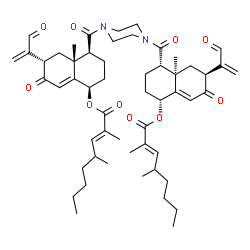 ChemSpider 2D Image | 1,4-Piperazinediylbis[carbonyl(1R,4S,4aR,6S)-4a-methyl-7-oxo-6-(3-oxo-1-propen-2-yl)-1,2,3,4,4a,5,6,7-octahydronaphthalene-4,1-diyl] (2E,2'E)bis(2,4-dimethyl-2-octenoate) | C54H74N2O10