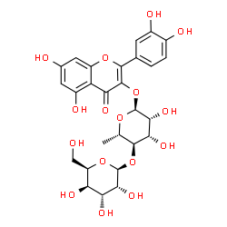 ChemSpider 2D Image | 2-(3,4-Dihydroxyphenyl)-5,7-dihydroxy-4-oxo-4H-chromen-3-yl 6-deoxy-4-O-beta-D-gulopyranosyl-alpha-L-mannopyranoside | C27H30O16