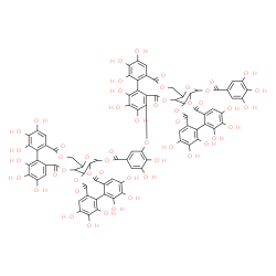 ChemSpider 2D Image | 2,3,4,5,6,7,17,18,19,20,21,22-Dodecahydroxy-9,15,24,27-tetraoxo-9,10a,11,12a,13,15,24,25a,25b,27-decahydrodibenzo[g,i]dibenzo[6',7':8',9'][1,4]dioxecino[2',3':4,5]pyrano[3,2-b][1,5]dioxacycloundecin-1
1-yl 3-({2,3,4,5,6,7,17,18,19,20,21,22-dodecahydroxy-9,15,24,27-tetraoxo-11-[(3,4,5-trihydroxybenzoyl)oxy]-9,10a,11,12a,13,15,24,25a,25b,27-decahydrodibenzo[g,i]dibenzo[6',7':8',9'][1,4]dioxecino[2',3
':4,5]pyrano[3,2-b][1,5]dioxacycloundecin-23-yl}oxy)-4,5-dihydroxybenzoate | C82H54O52