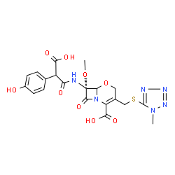 ChemSpider 2D Image | (7R)-7-{[Carboxy(4-hydroxyphenyl)acetyl]amino}-7-methoxy-3-{[(1-methyl-1H-tetrazol-5-yl)sulfanyl]methyl}-8-oxo-5-oxa-1-azabicyclo[4.2.0]oct-2-ene-2-carboxylic acid | C20H20N6O9S