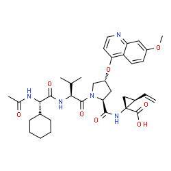 ChemSpider 2D Image | N-[(2S)-2-Acetamido-2-cyclohexylacetyl]-L-valyl-(4R)-N-[(1R,2S)-1-carboxy-2-vinylcyclopropyl]-4-[(7-methoxy-4-quinolinyl)oxy]-L-prolinamide | C36H47N5O8