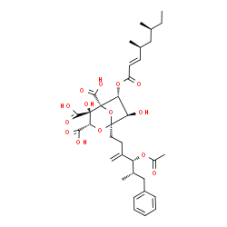 ChemSpider 2D Image | (1S,3S,4S,5R,6R,7R)-1-[(4R,5S)-4-Acetoxy-5-methyl-3-methylene-6-phenylhexyl]-6-{[(2E,4S,6S)-4,6-dimethyl-2-octenoyl]oxy}-4,7-dihydroxy-2,8-dioxabicyclo[3.2.1]octane-3,4,5-tricarboxylic acid (non-prefe
rred name) | C35H46O14