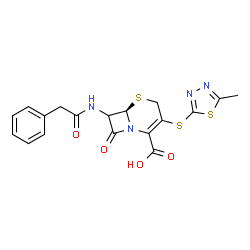 ChemSpider 2D Image | (6R)-3-[(5-Methyl-1,3,4-thiadiazol-2-yl)sulfanyl]-8-oxo-7-[(phenylacetyl)amino]-5-thia-1-azabicyclo[4.2.0]oct-2-ene-2-carboxylic acid | C18H16N4O4S3