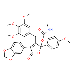 ChemSpider 2D Image | 4-(1,3-Benzodioxol-5-yl)-2-(4-methoxyphenyl)-5-oxo-3-(3,4,5-trimethoxybenzyl)-2,5-dihydro-2-furanyl methylcarbamate | C30H29NO10