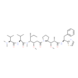 ChemSpider 2D Image | N,N-dimethyl-L-valyl-N-[(3S,4R,5R)-3-methoxy-1-{(2S)-2-[(1S,2S)-1-methoxy-2-methyl-3-oxo-3-{[(1S)-2-phenyl-1-(1,3-thiazol-2-yl)ethyl]amino}propyl]pyrrolidin-1-yl}-5-methyl-1-oxoheptan-4-yl]-N-methyl-L-valinamide | C42H68N6O6S