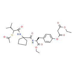 ChemSpider 2D Image | 4-[(2S)-2-{[(1-{[(2R)-2-(Acetylsulfanyl)-3-methylbutanoyl]amino}cyclopentyl)carbonyl]amino}-3-ethoxy-3-oxopropyl]phenyl ethyl malonate | C29H40N2O9S