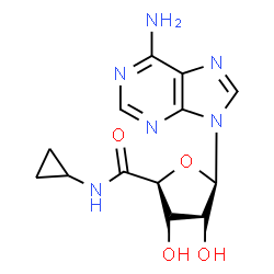 ChemSpider 2D Image | (2S,3S,4R,5R)-5-(6-Amino-9H-purin-9-yl)-N-cyclopropyl-3,4-dihydroxytetrahydro-2-furancarboxamide | C13H16N6O4