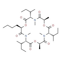 ChemSpider 2D Image | (3S,6R,9S,12R,15S,18R)-3,9,15-Tri[(2R)-2-butanyl]-6-butyl-4,10,12,16,18-pentamethyl-1,7,13-trioxa-4,10,16-triazacyclooctadecane-2,5,8,11,14,17-hexone | C33H57N3O9