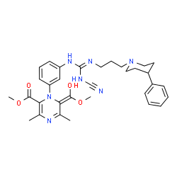 ChemSpider 2D Image | methyl (6E)-1-(3-{N'-cyano-N''-[3-(4-phenylpiperidin-1-yl)propyl]carbamimidamido}phenyl)-6-[hydroxy(methoxy)methylidene]-3,5-dimethyl-1,6-dihydropyrazine-2-carboxylate | C32H39N7O4