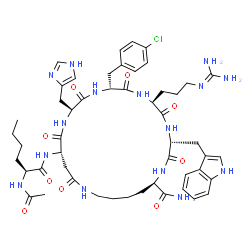 ChemSpider 2D Image | (3R,6S,9R,12S,15S,23R)-15-[(N-Acetyl-L-norleucyl)amino]-6-(3-carbamimidamidopropyl)-9-(4-chlorobenzyl)-12-(1H-imidazol-4-ylmethyl)-3-(1H-indol-3-ylmethyl)-2,5,8,11,14,17-hexaoxo-1,4,7,10,13,18-hexaaza
cyclotricosane-23-carboxamide | C50H68ClN15O9