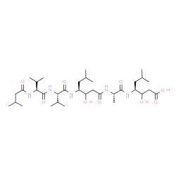 ChemSpider 2D Image | N-(3-Methylbutanoyl)-L-valyl-N-[(4S)-1-{[(2S)-1-{[(3S)-1-carboxy-2-hydroxy-5-methyl-3-hexanyl]amino}-1-oxo-2-propanyl]amino}-3-hydroxy-6-methyl-1-oxo-4-heptanyl]-L-valinamide | C34H63N5O9