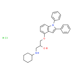 ChemSpider 2D Image | 1-(Cyclohexylamino)-3-[(1,2-diphenyl-1H-indol-4-yl)oxy]-2-propanol hydrochloride (1:1) | C29H33ClN2O2