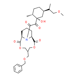 ChemSpider 2D Image | (1R,9S)-5-[(Benzyloxy)methyl]-13-{[(1S,2R,5R)-1-hydroxy-5-(1-methoxy-2-propanyl)-2-methylcyclohexyl](oxo)acetyl}-3,7-dioxa-13-azabicyclo[7.3.1]tridecane-2,8-dione | C31H43NO9