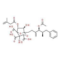 ChemSpider 2D Image | (6R,7R)-1-[(4S,5R)-4-Acetoxy-5-methyl-3-methylene-6-phenylhexyl]-4,7-dihydroxy-6-[(3-methyl-3-butenoyl)oxy]-2,8-dioxabicyclo[3.2.1]octane-3,4,5-tricarboxylic acid | C30H36O14