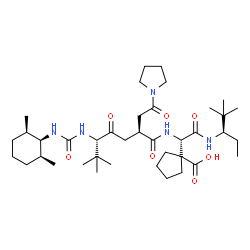 ChemSpider 2D Image | 1-[(1S)-1-({(2S,5S)-5-({[(1s,2R,6S)-2,6-dimethylcyclohexyl]carbamoyl}amino)-6,6-dimethyl-4-oxo-2-[2-oxo-2-(pyrrolidin-1-yl)ethyl]heptanoyl}amino)-2-{[(3R)-2,2-dimethylpentan-3-yl]amino}-2-oxoethyl]cyclopentanecarboxylic acid | C39H67N5O7