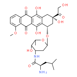 ChemSpider 2D Image | (1S,3S)-3-Glycoloyl-3,5,12-trihydroxy-10-methoxy-6,11-dioxo-1,2,3,4,6,11-hexahydro-1-tetracenyl 2,3,6-trideoxy-3-(D-leucylamino)hexopyranoside | C33H40N2O12