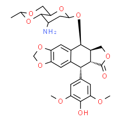 ChemSpider 2D Image | (5S,5aR,8aR,9R)-9-(4-Hydroxy-3,5-dimethoxyphenyl)-8-oxo-5,5a,6,8,8a,9-hexahydrofuro[3',4':6,7]naphtho[2,3-d][1,3]dioxol-5-yl 3-amino-2,3-dideoxy-4,6-O-ethylidenehexopyranoside | C29H33NO11