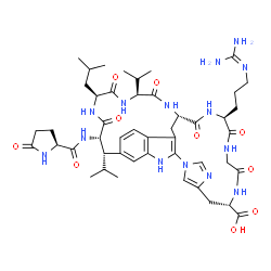 ChemSpider 2D Image | (8S,9S,12S,15S,18S,21S,27S)-21-(3-Carbamimidamidopropyl)-12-isobutyl-8,15-diisopropyl-10,13,16,19,22,25-hexaoxo-9-[(5-oxo-L-prolyl)amino]-2,11,14,17,20,23,26,30,32-nonaazapentacyclo[16.14.2.1~3,7~.1~2
9,32~.0~4,33~]hexatriaconta-1(33),3(36),4,6,29(35),30-hexaene-27-carboxylic acid | C47H66N14O10