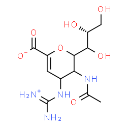 ChemSpider 2D Image | 5-Acetamido-4-{[ammonio(imino)methyl]amino}-2,6-anhydro-3,4,5-trideoxy-6-[(2R)-1,2,3-trihydroxypropyl]hex-2-enonate | C12H20N4O7