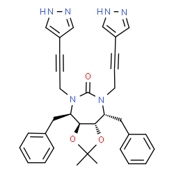 ChemSpider 2D Image | (3aS,4R,8R,8aS)-4,8-Dibenzyl-2,2-dimethyl-5,7-bis[3-(1H-pyrazol-4-yl)-2-propyn-1-yl]hexahydro-6H-[1,3]dioxolo[4,5-e][1,3]diazepin-6-one | C34H34N6O3