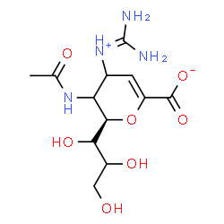 ChemSpider 2D Image | (6R)-5-Acetamido-2,6-anhydro-4-(carbamimidoylammonio)-3,4,5-trideoxy-6-[(1S)-1,2,3-trihydroxypropyl]hex-2-enonate | C12H20N4O7