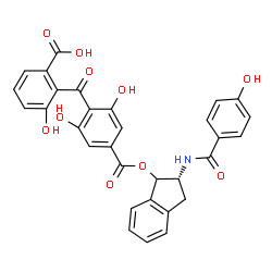 ChemSpider 2D Image | 2-{2,6-Dihydroxy-4-[({(2R)-2-[(4-hydroxybenzoyl)amino]-2,3-dihydro-1H-inden-1-yl}oxy)carbonyl]benzoyl}-3-hydroxybenzoic acid | C31H23NO10