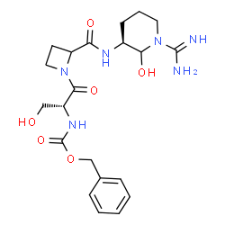 ChemSpider 2D Image | Benzyl [(2R)-1-(2-{[(3S)-1-carbamimidoyl-2-hydroxy-3-piperidinyl]carbamoyl}-1-azetidinyl)-3-hydroxy-1-oxo-2-propanyl]carbamate | C21H30N6O6