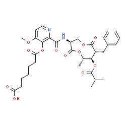 ChemSpider 2D Image | 7-[(2-{[(3S,7R,8R,9S)-7-Benzyl-8-(isobutyryloxy)-9-methyl-2,6-dioxo-1,5-dioxonan-3-yl]carbamoyl}-4-methoxy-3-pyridinyl)oxy]-7-oxoheptanoic acid | C33H40N2O12