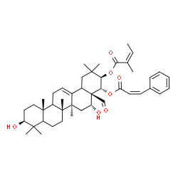 ChemSpider 2D Image | (3beta,5xi,9xi,16alpha,18xi,21beta,22alpha)-3,16-Dihydroxy-28-oxo-22-{[(2Z)-3-phenyl-2-propenoyl]oxy}olean-12-en-21-yl (2Z)-2-methyl-2-butenoate | C44H60O7