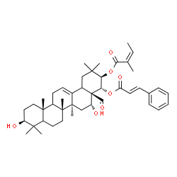 ChemSpider 2D Image | (3beta,5xi,9xi,16alpha,18xi,21beta,22alpha)-3,16-Dihydroxy-28-oxo-22-{[(2E)-3-phenyl-2-propenoyl]oxy}olean-12-en-21-yl (2Z)-2-methyl-2-butenoate | C44H60O7